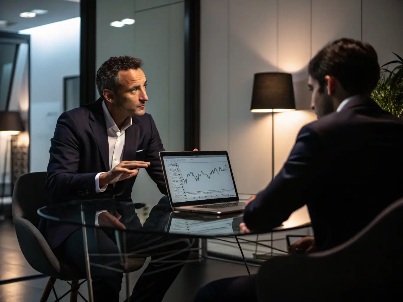 An image of a financial advisor reviewing investment portfolios with a client in a modern office setting, showcasing charts and graphs representing financial growth.