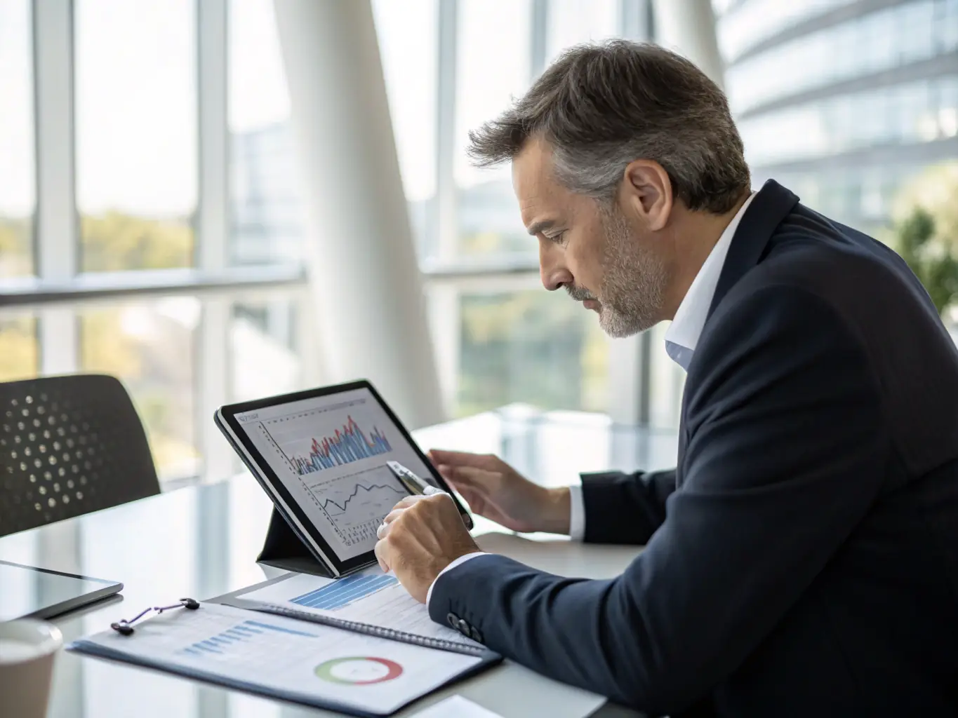 A consultant reviewing financial data on a tablet, with charts and graphs illustrating investment performance and economic trends. The setting is a modern office, conveying professionalism and expertise.