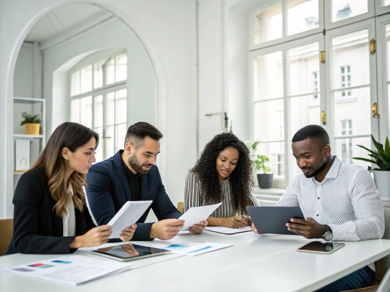 An image of a diverse group of professionals collaborating on financial data analysis, emphasising the firm's commitment to providing expert financial advice.
